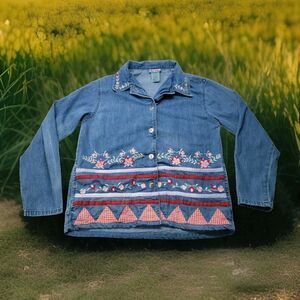 Nectar Embroidered Denim Top Womens M Floral Button Up Shirt Pockets Cottagecore